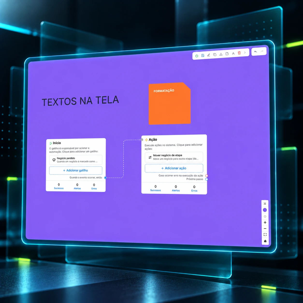 Tela de automações do DataCrazy em modo tela cheia, com cards coloridos e texto formatado