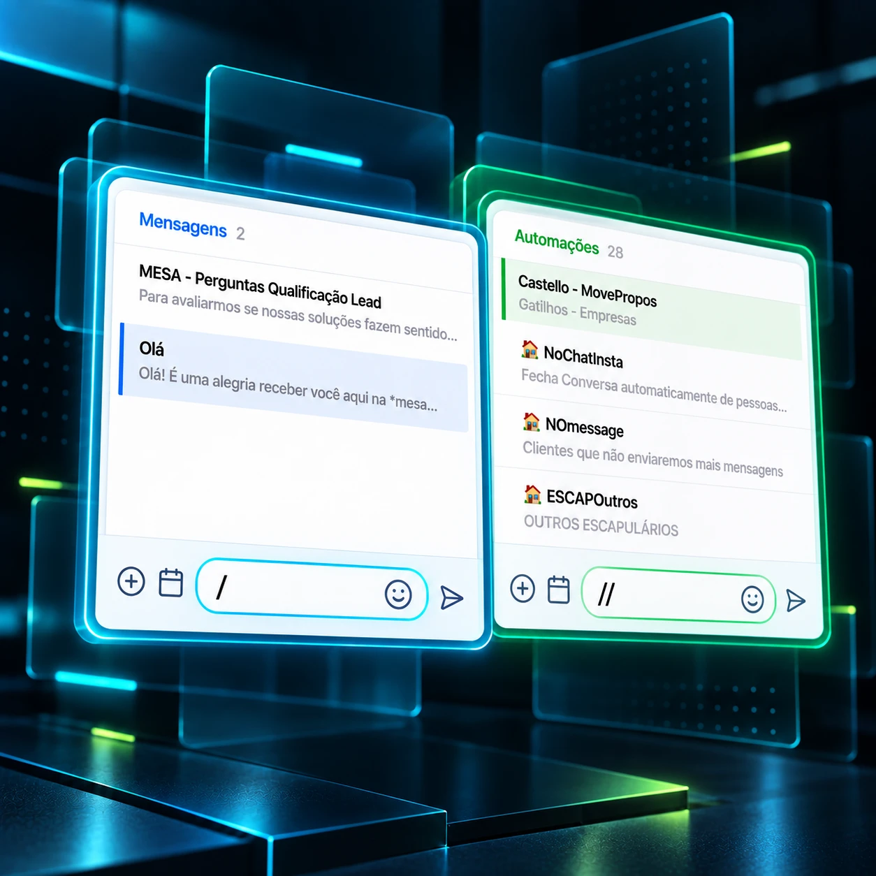 Menu do chat do DataCrazy mostrando a lista de mensagens prontas aberta pela barra simples